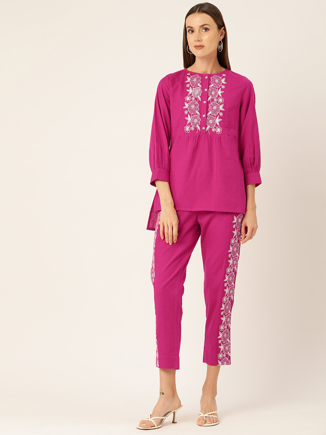 

MISRI Women Floral Embroidered Cotton Tunic with Palazzos, Pink