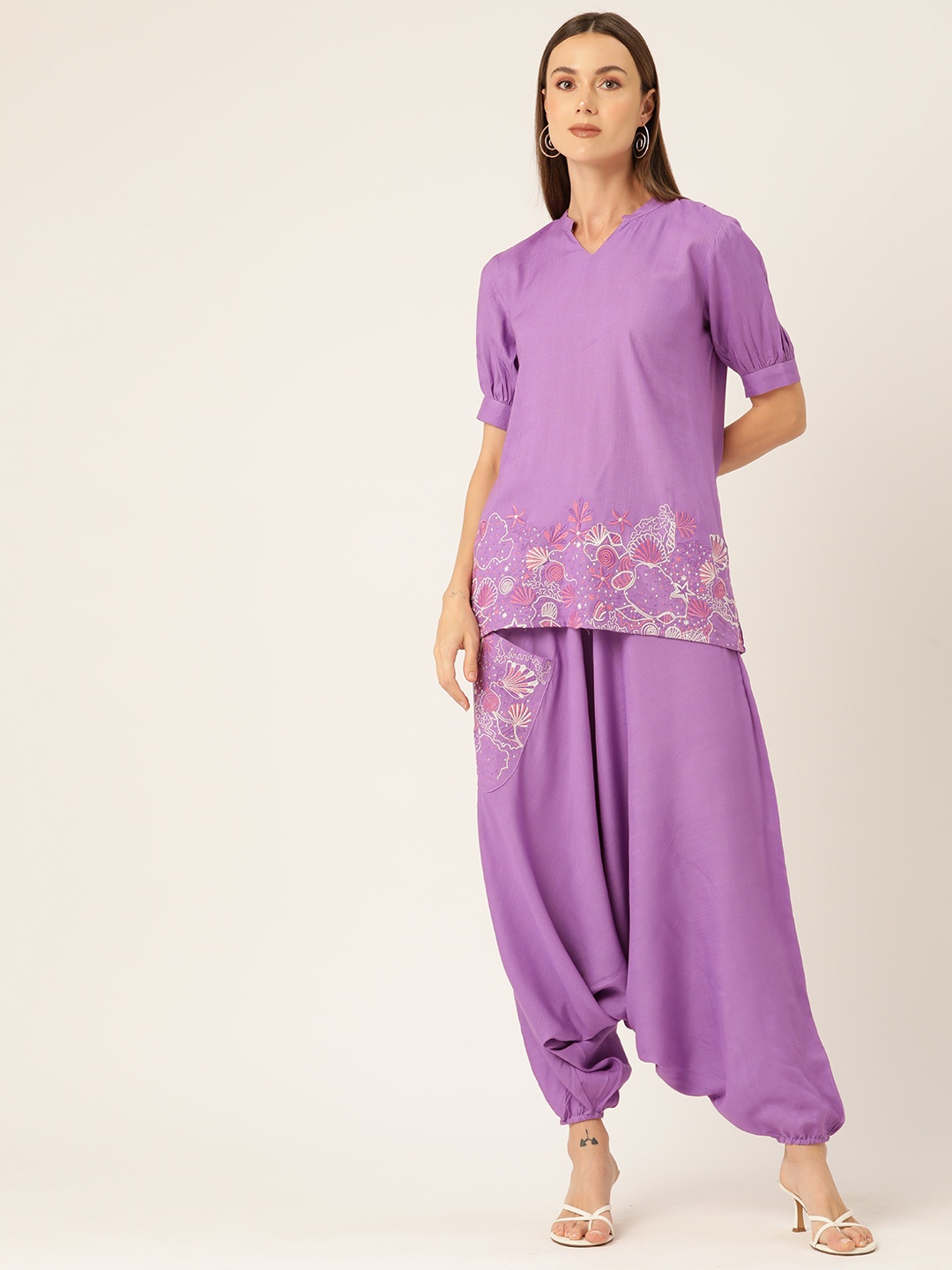 

MISRI Women Floral Embroidered Tunic with Palazzos, Lavender