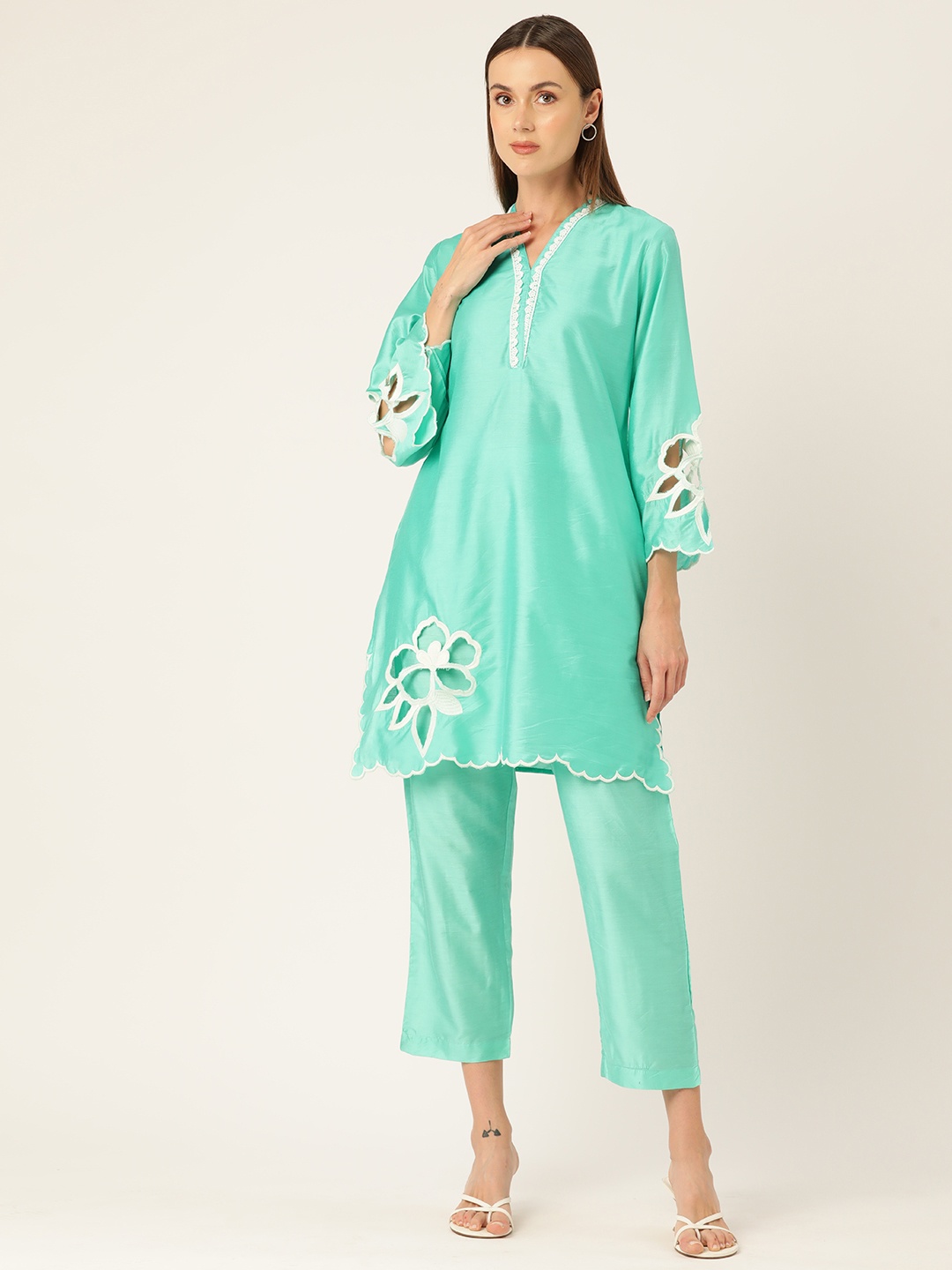 

MISRI Women Regular Pure Cotton Kurta with Trousers, Sea green