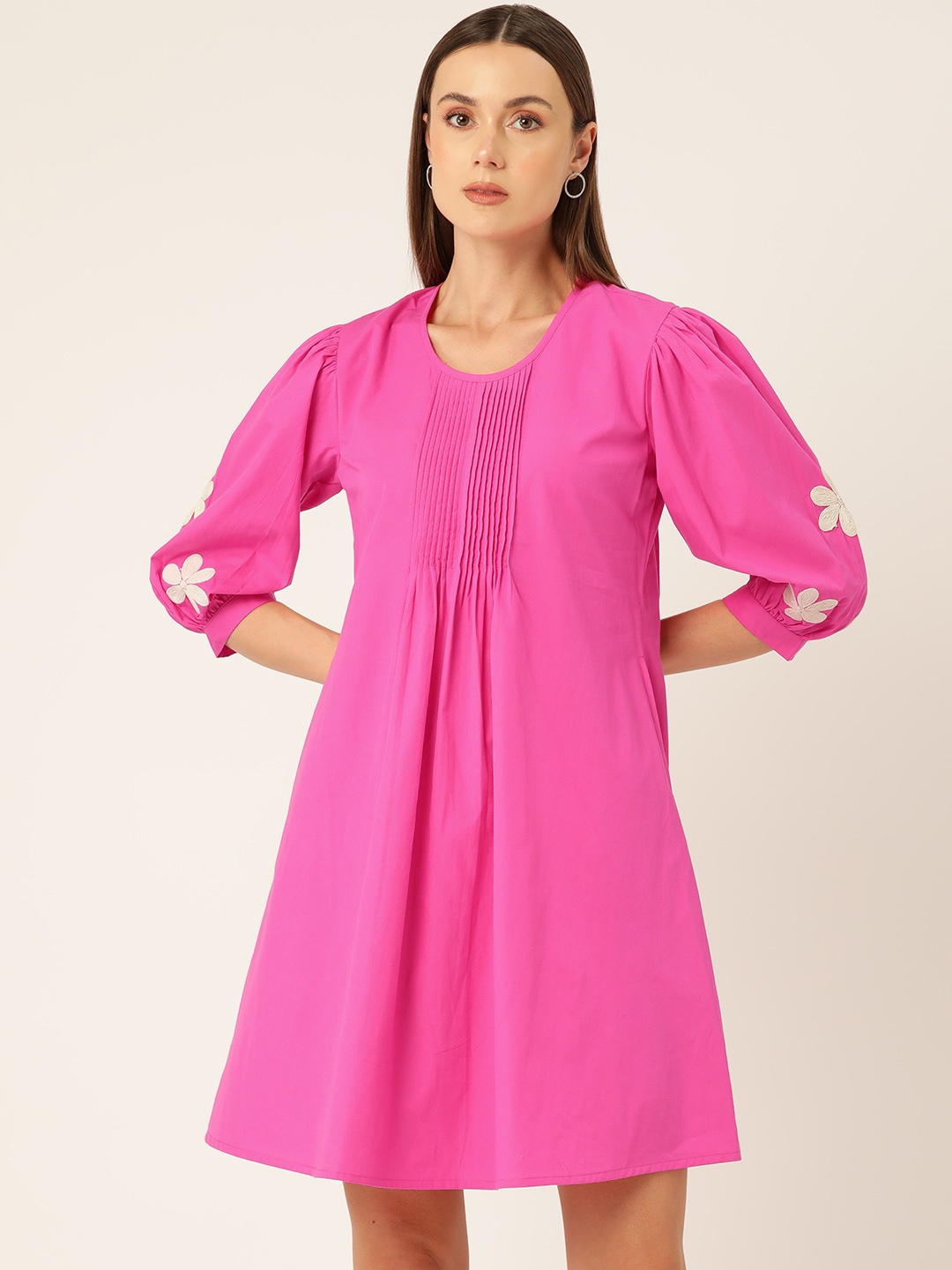 

MISRI Floral Embroidered Puff Sleeve A-Line Dress, Pink