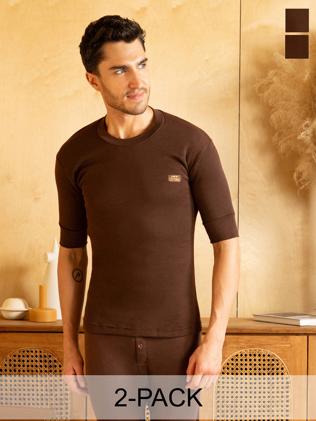 

Lux Cottswool Pack Of 2 Round Neck Cotton Woollen Thermal Top, Brown