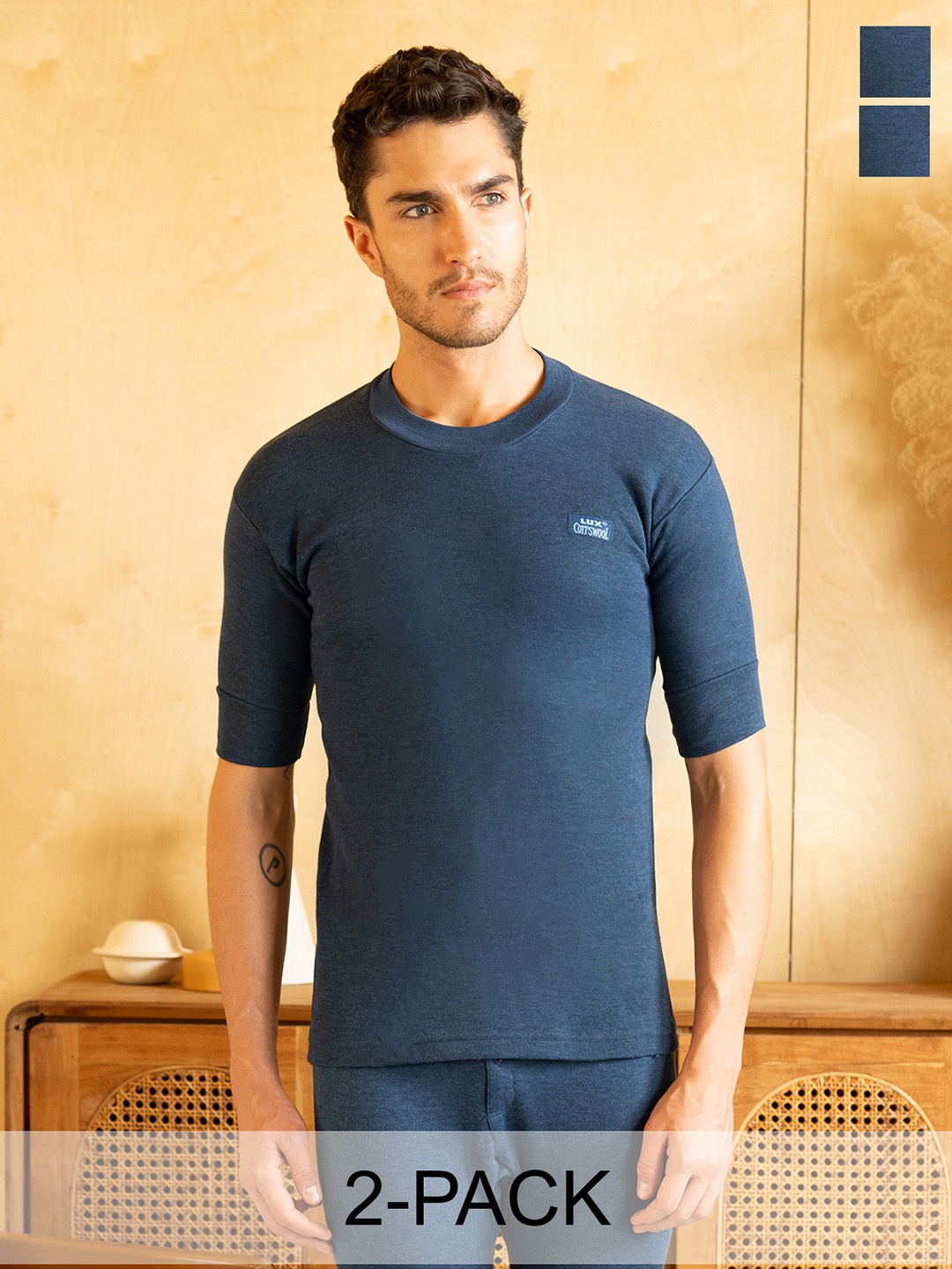 

Lux Cottswool Pack Of 2 Cotton & Woollen Thermal Tops, Blue