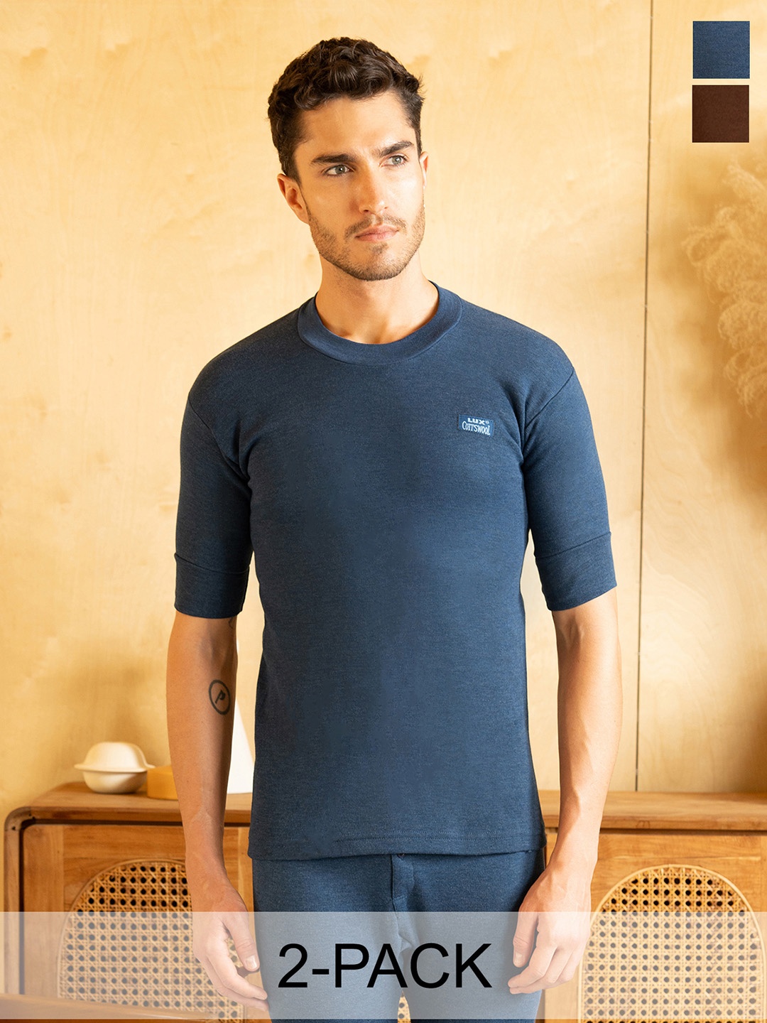 

Lux Cottswool Pack Of 2 Round Neck Thermal Tops, Blue