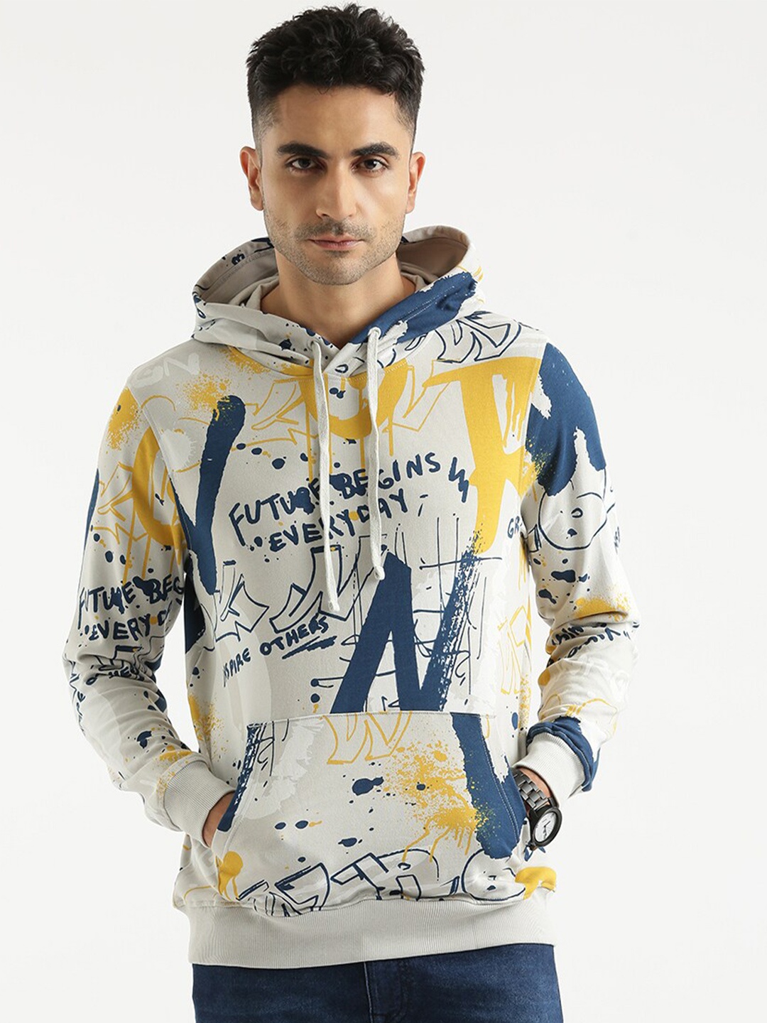 

WROGN Typography Printed Hooded Cotton Sweatshirt, Off white