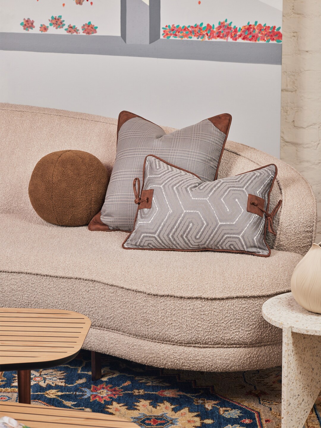 

Eris Home Grey & Brown Checked Silk Square Cushion Cover