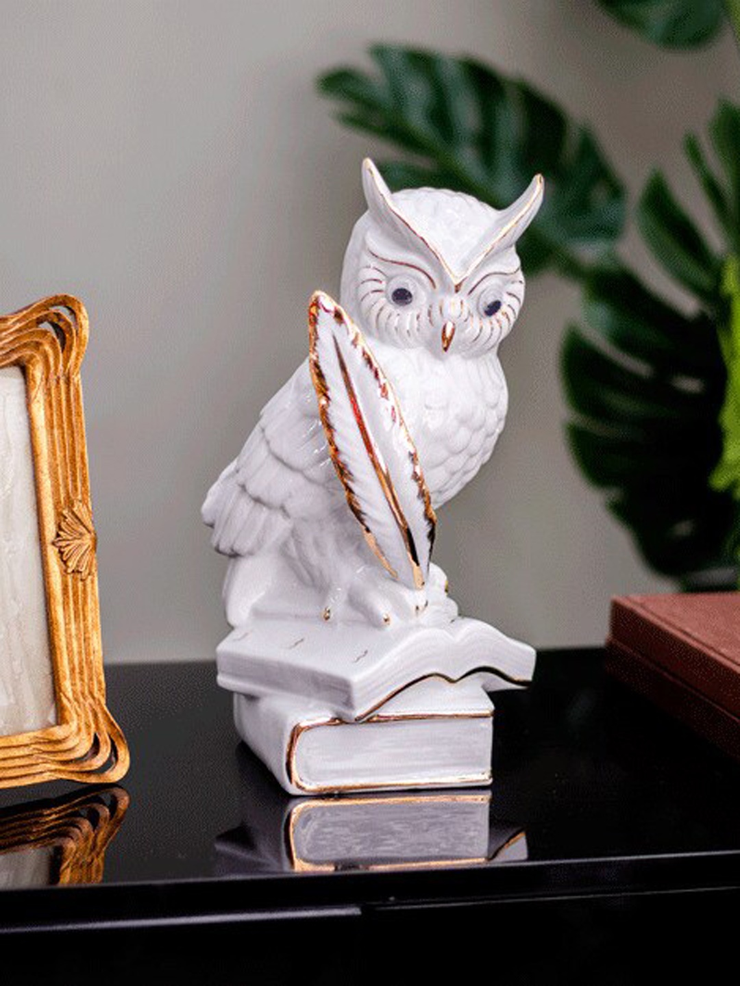 

THEDECORKART Gold & White Textured Owl Ceramic Figurine Showpiece