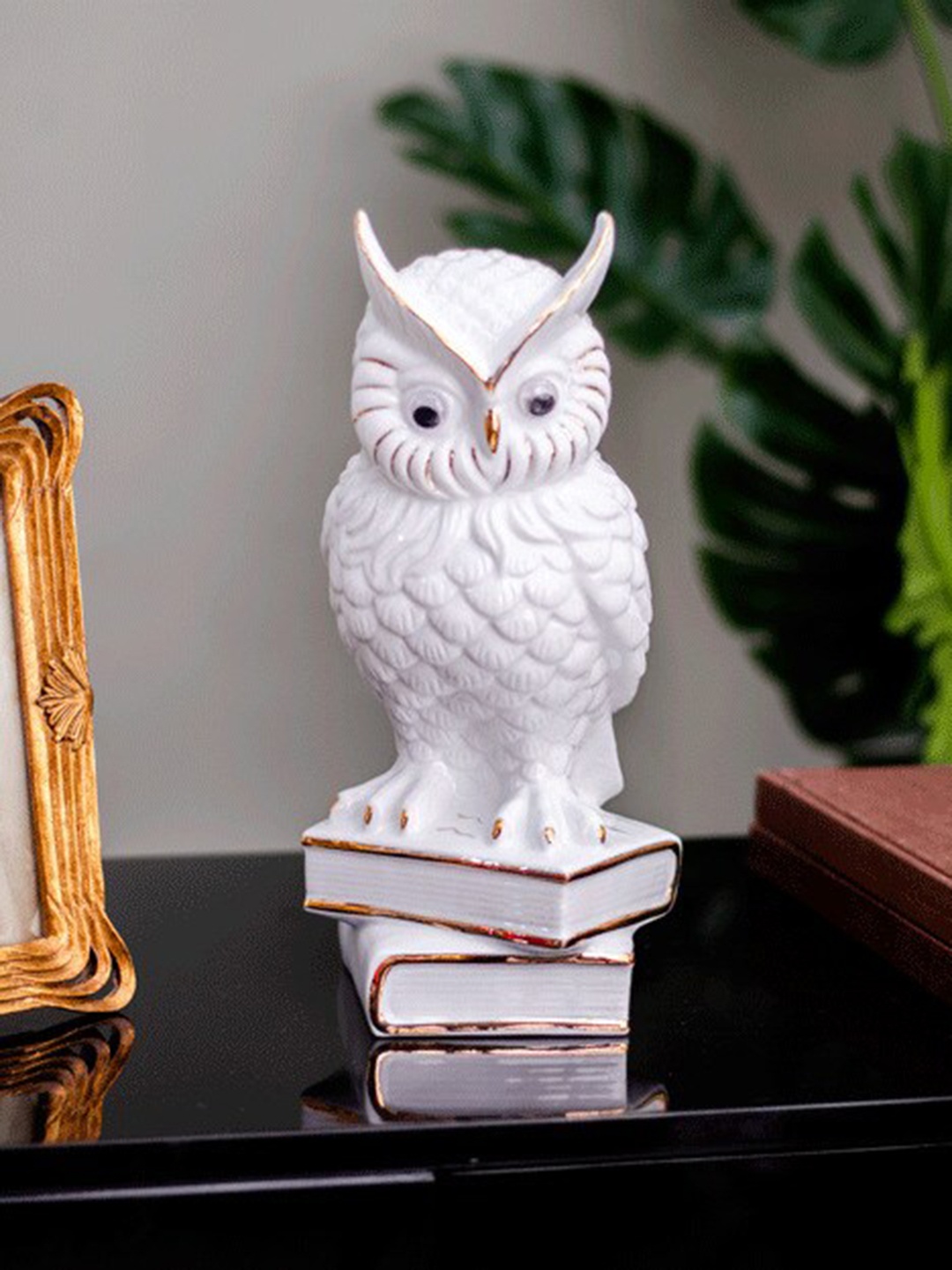 

THEDECORKART Gold & White Textured Owl Ceramic Figurine Showpiece