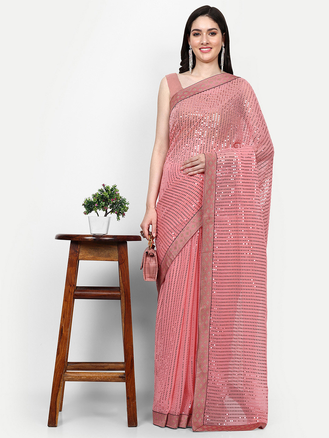 

Manu Designer Embellished Sequinned Pure Georgette Saree, Pink