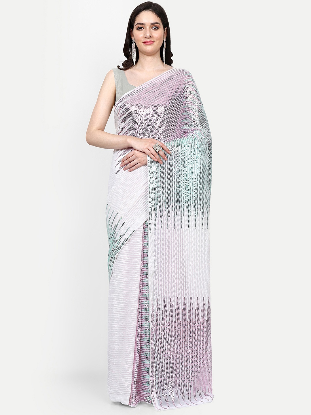 

Manu Designer Embellished Sequinned Pure Georgette Saree, Pink
