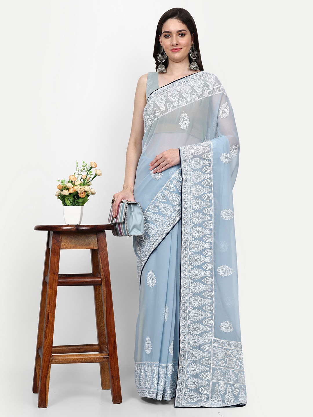 

Manu Designer Ethnic Motifs Embroidered Pure Georgette Saree, Blue