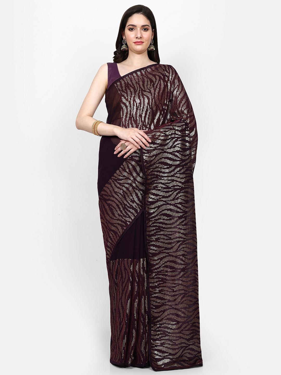 

Manu Designer Embellished Sequinned Pure Georgette Saree, Purple