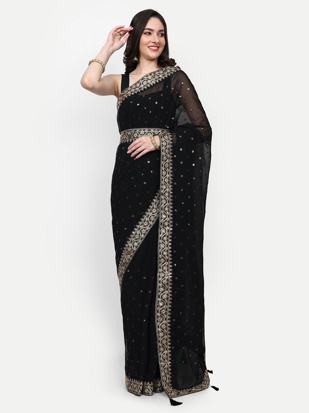 

Manu Designer Embellished Embroidered Pure Georgette Saree, Black