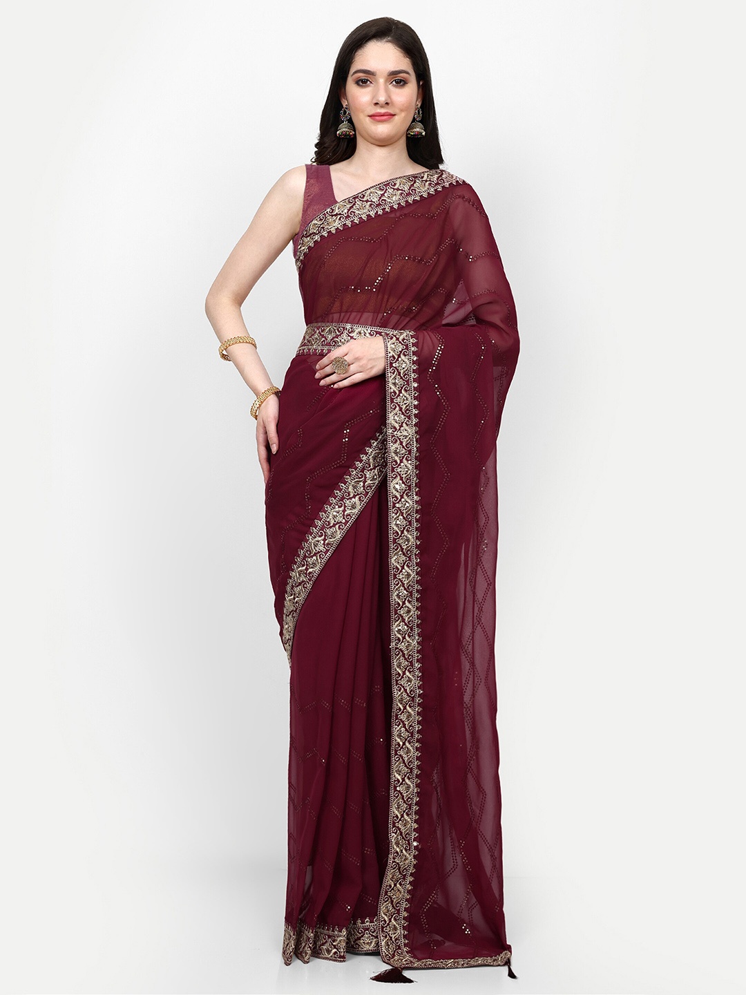 

Manu Designer Embellished Sequinned Pure Georgette Saree, Maroon