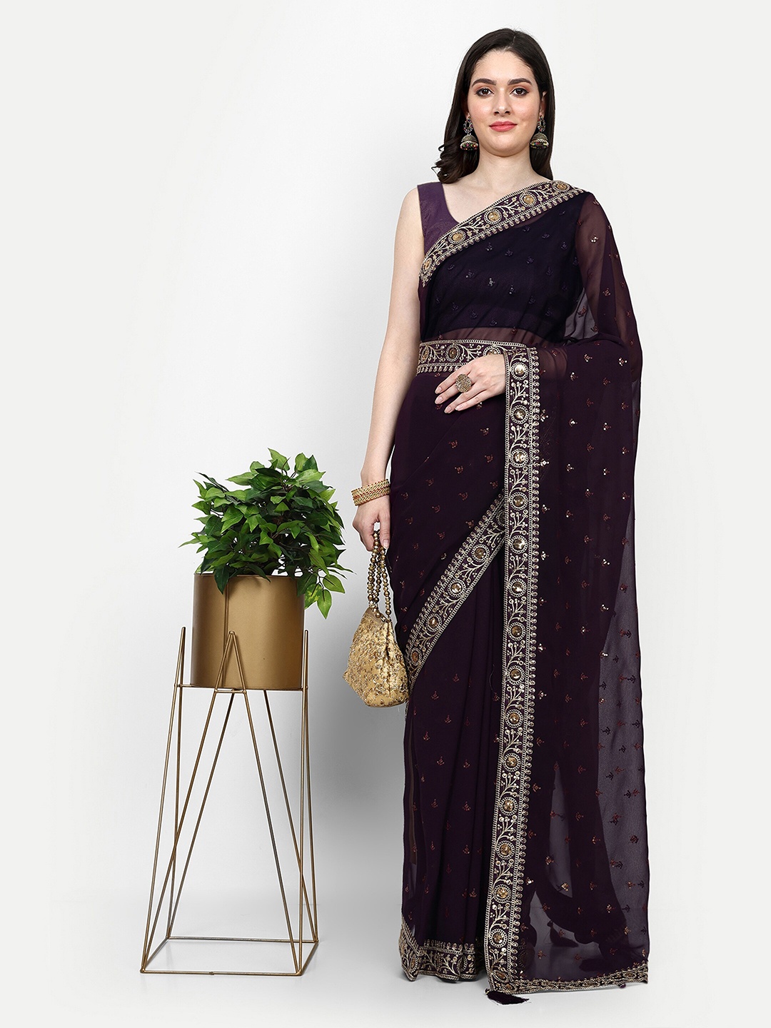 

Manu Designer Embellished Embroidered Pure Georgette Saree, Purple