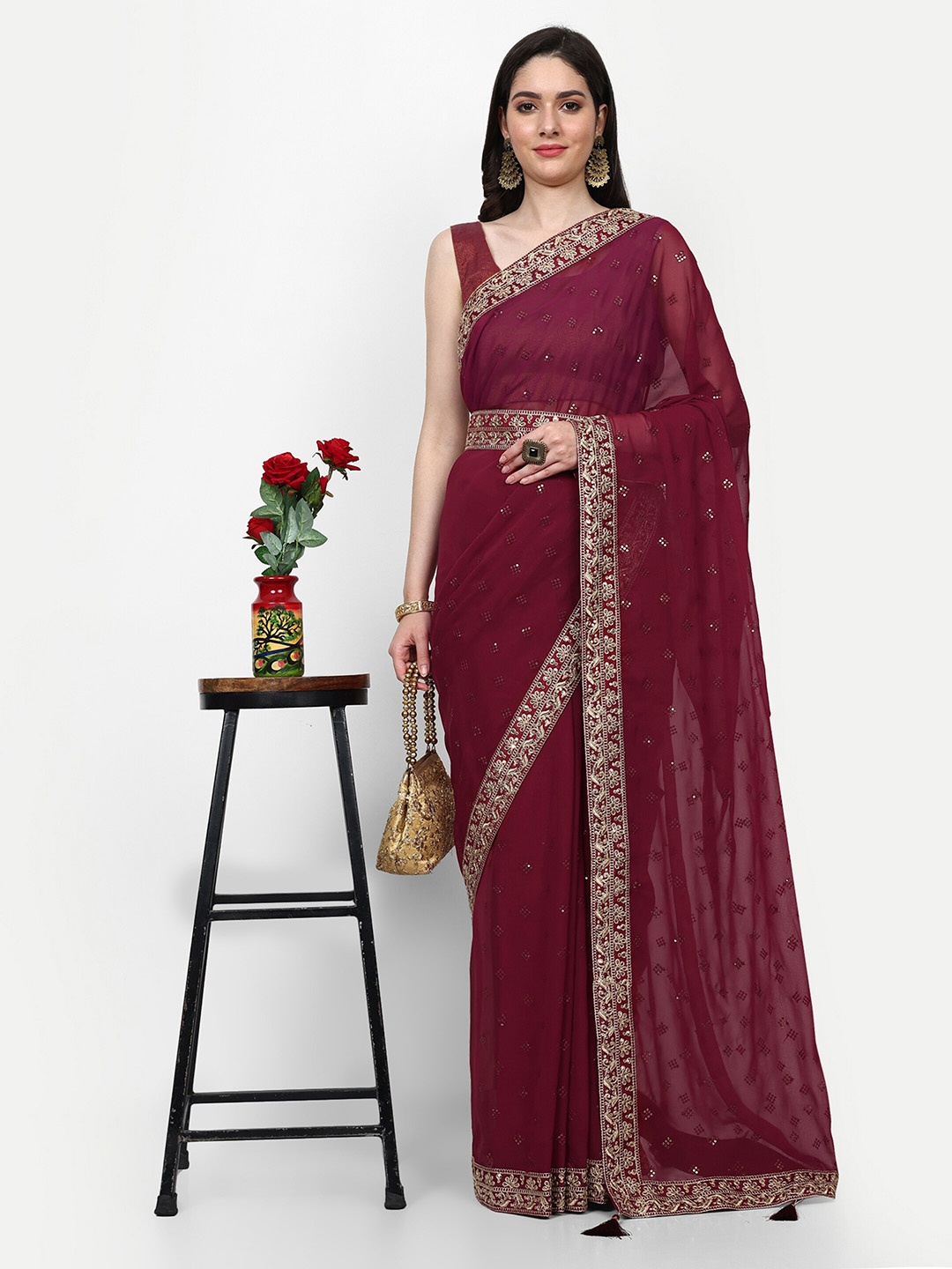 

Manu Designer Embellished Embroidered Pure Georgette Saree, Maroon