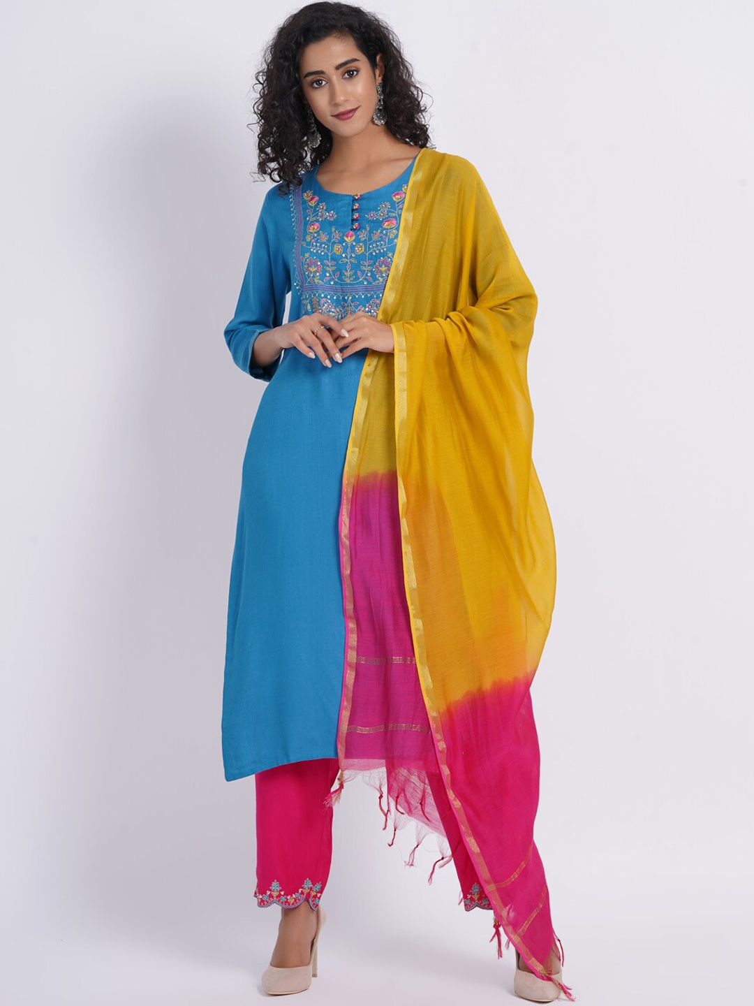 

SUTI Ethnic Motifs Yoke Design Sequinned Kurta With Trousers & Dupatta, Blue