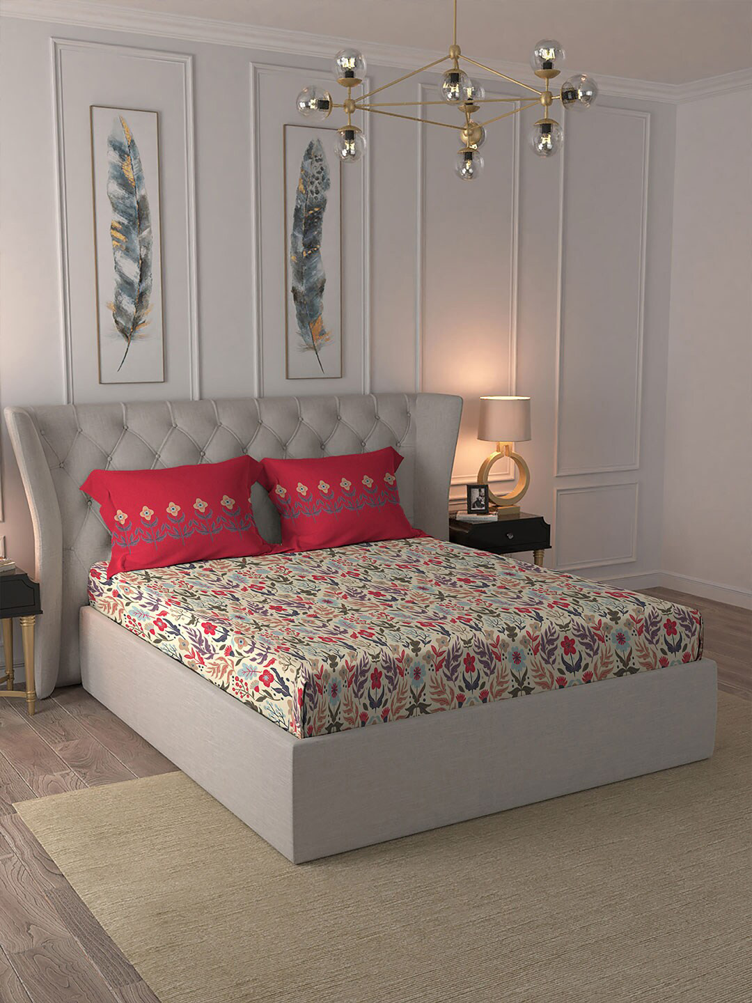 

MYTRIDENT Rome Beige Celebration Flat 144TC Queen Cotton Bedsheet Set