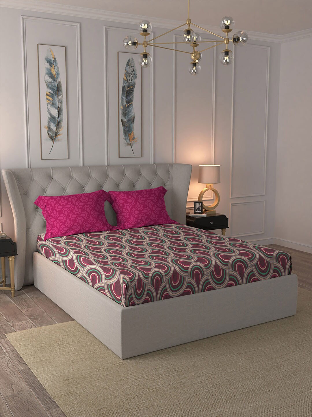 

MYTRIDENT Meraki Red Celebration Flat 144TC Queen Cotton Bedsheet Set