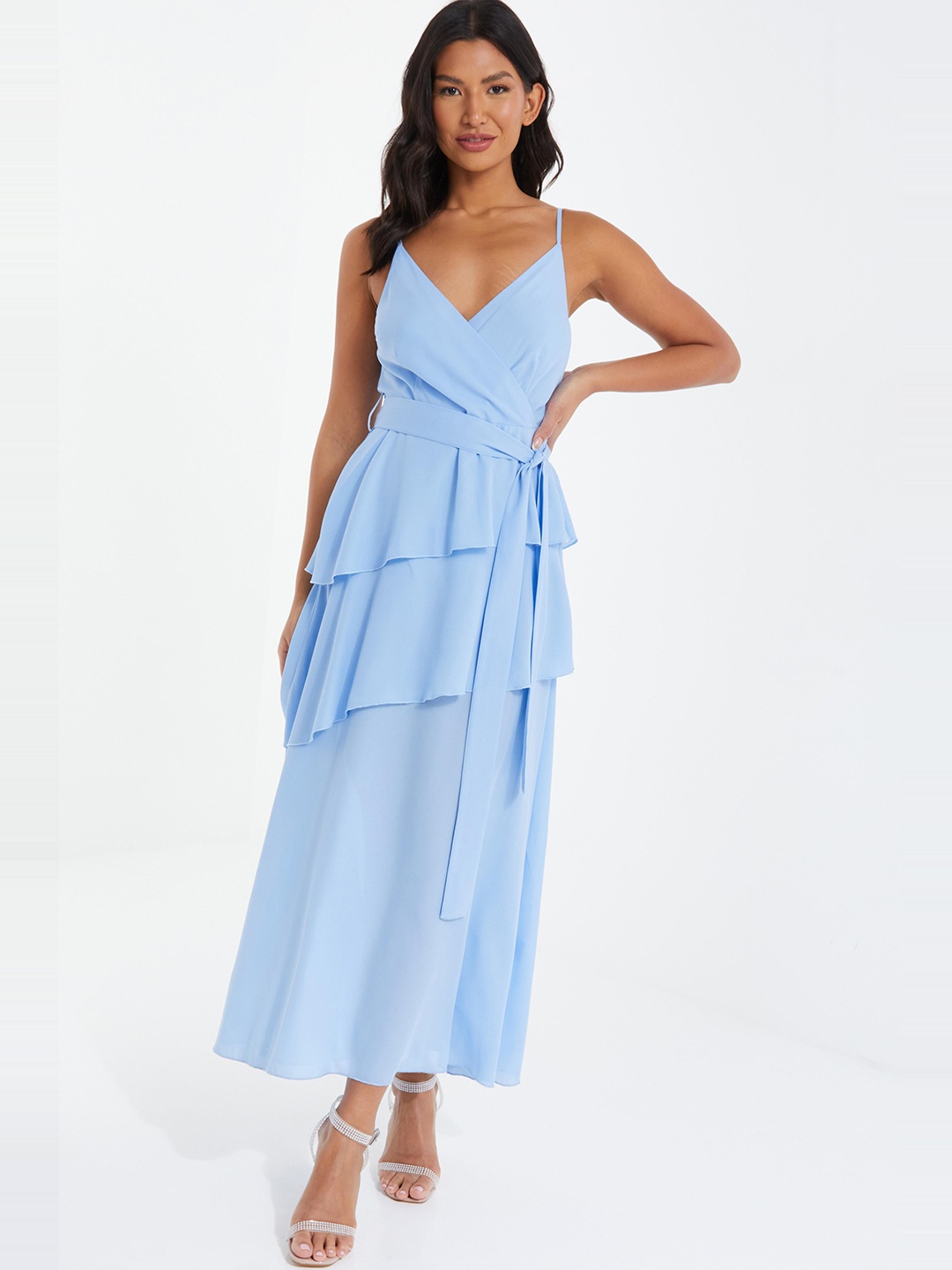 

QUIZ Shoulder Strap Tie-Ups Fit and Flare Tiered Midi Dress, Blue