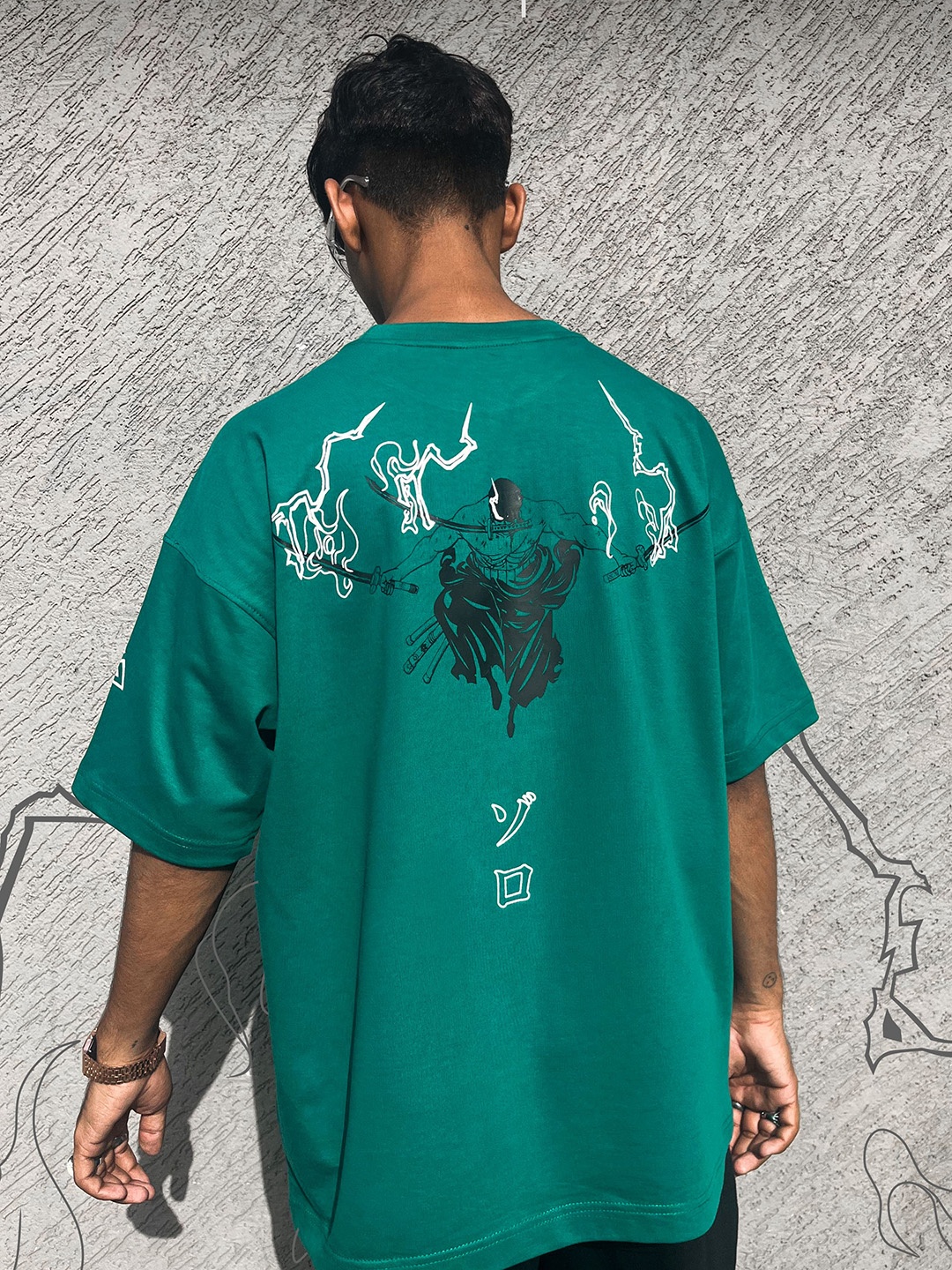 

ZAMS Zoro King Printed Round Neck Cotton Oversized T-shirt, Green