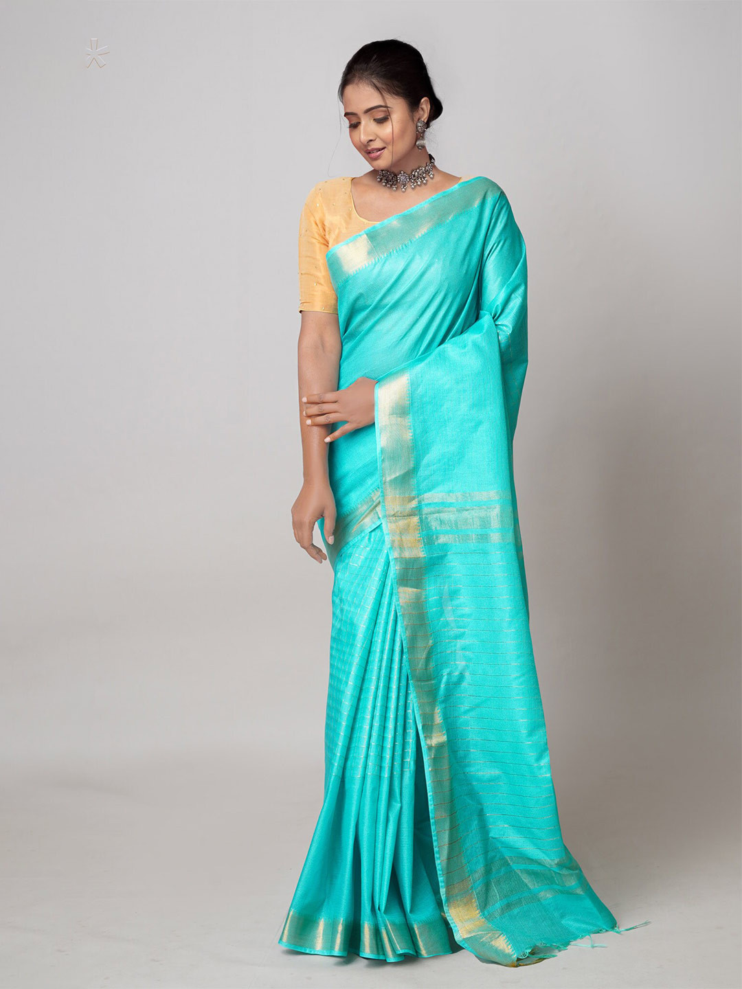 

Unnati Silks Checked Zari Detail Silk Cotton Mangalagiri Saree, Turquoise blue