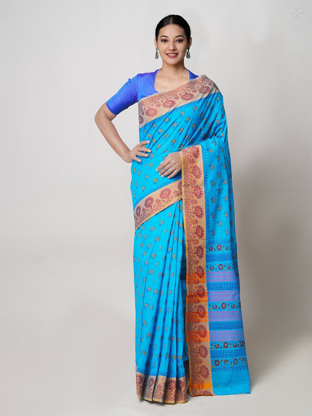 

Unnati Silks Ethnic Motifs Printed Pure Cotton Chettinad Saree, Blue