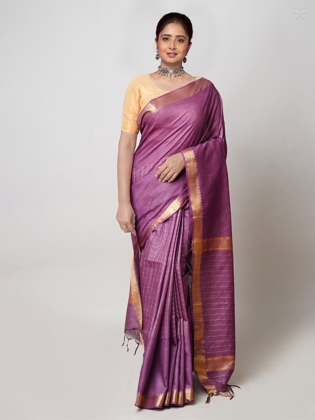 

Unnati Silks Checked Zari Detail Silk Cotton Mangalagiri Saree, Purple