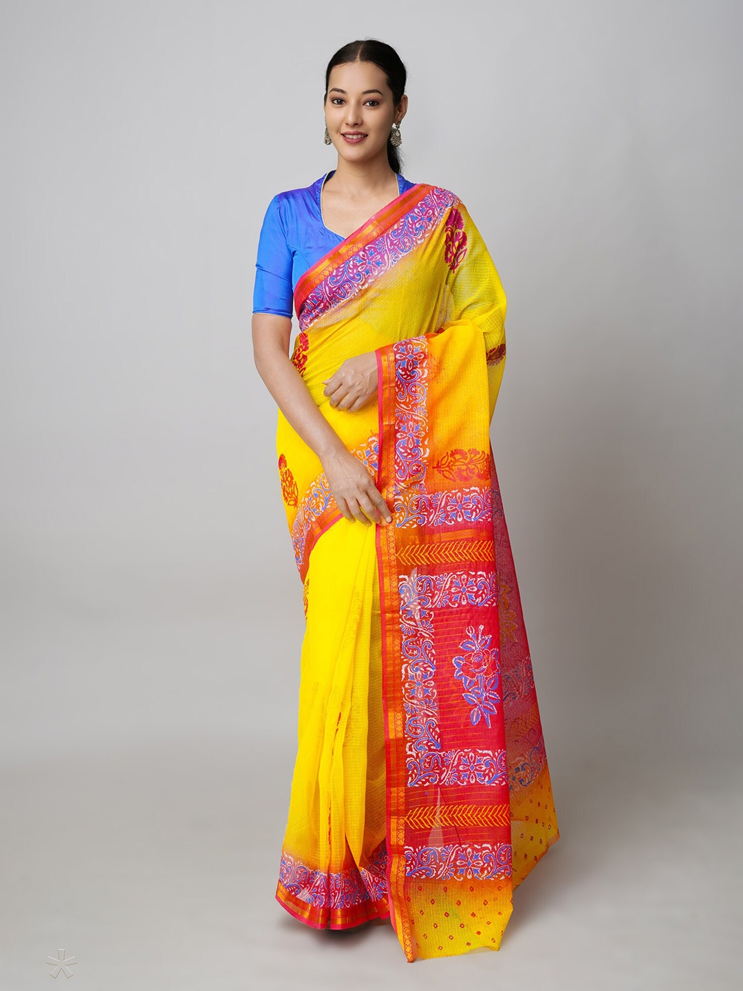 

Unnati Silks Ethnic Motifs Printed Zari Detail Pure Cotton Kota Saree, Yellow