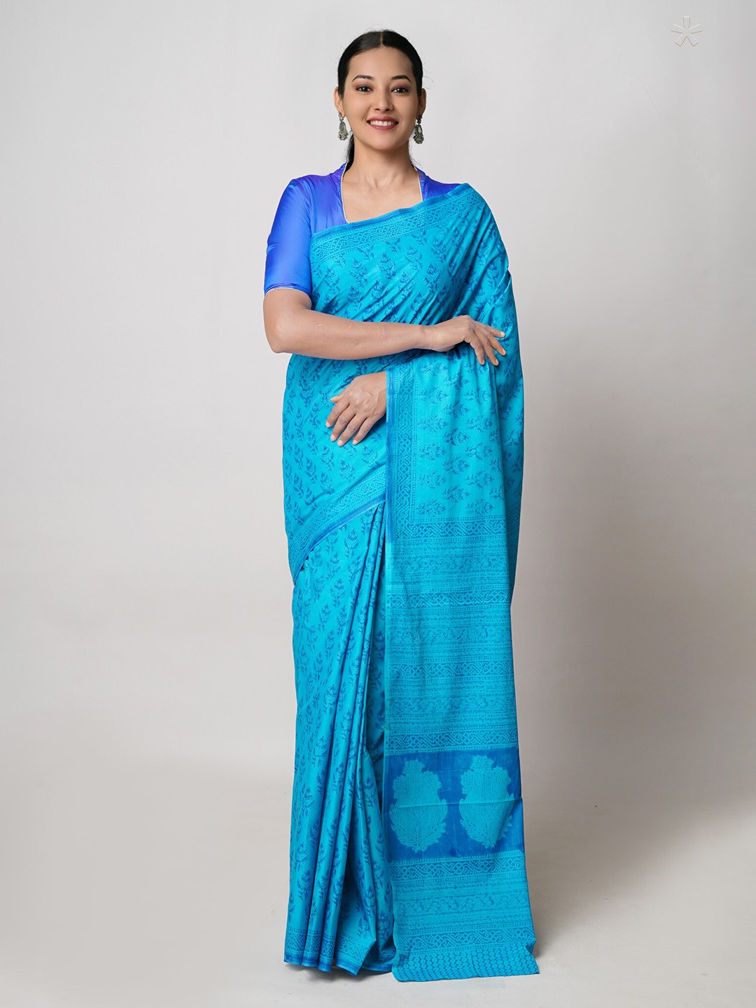 

Unnati Silks Ethnic MotifsPrinted Pure Cotton Block Print Saree, Blue