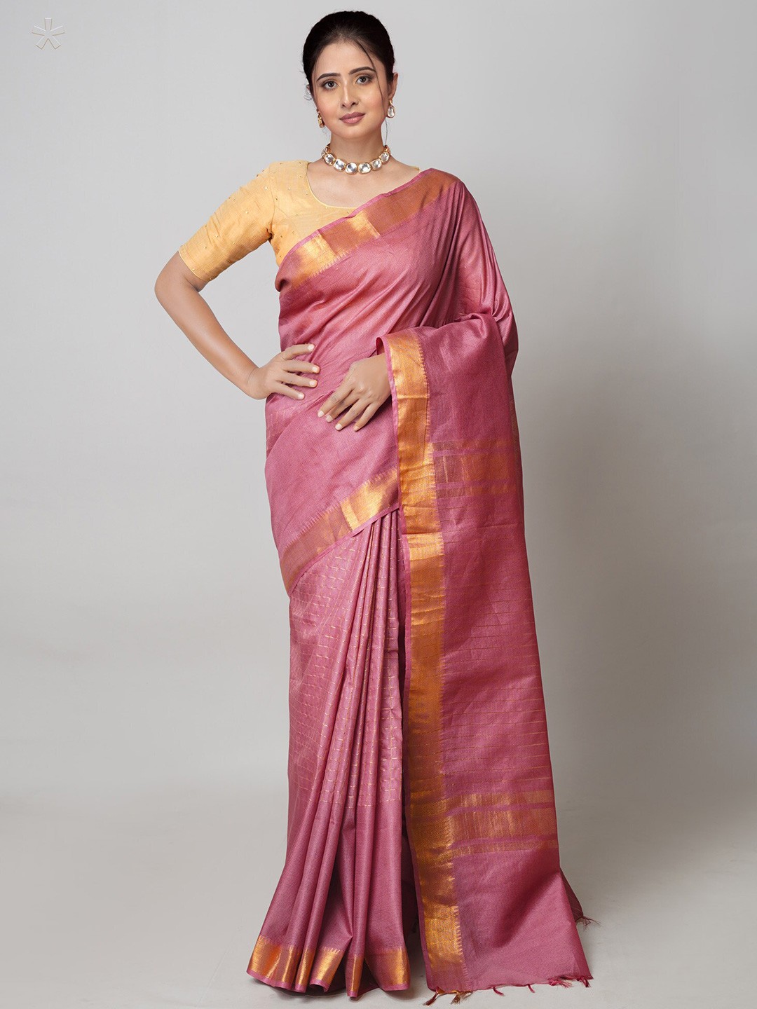 

Unnati Silks Checked Zari Detail Silk Cotton Mangalagiri Saree, Pink