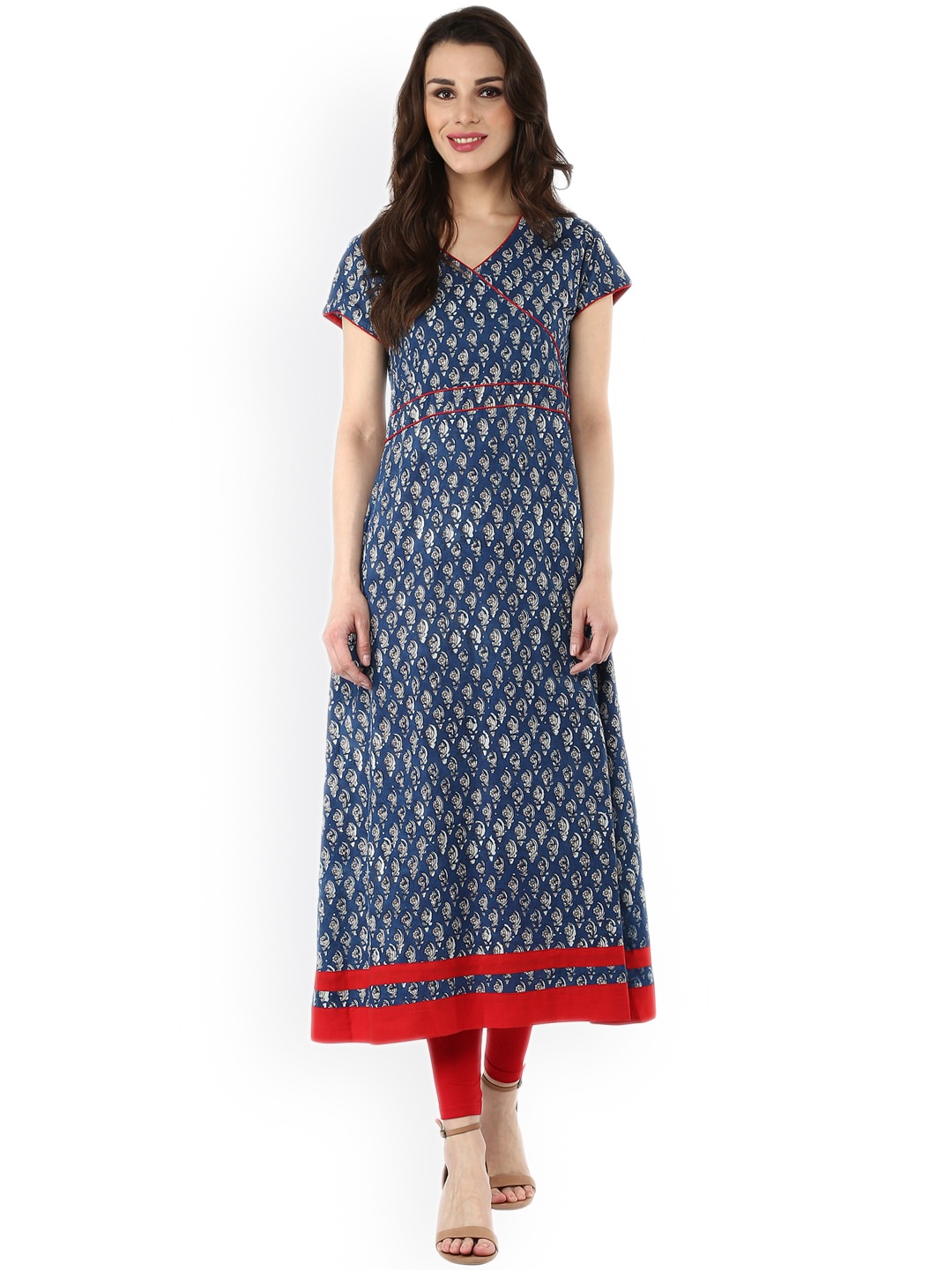 

Geroo Jaipur Floral Printed V-neck Anarkali Pure Cotton Kurta, Blue