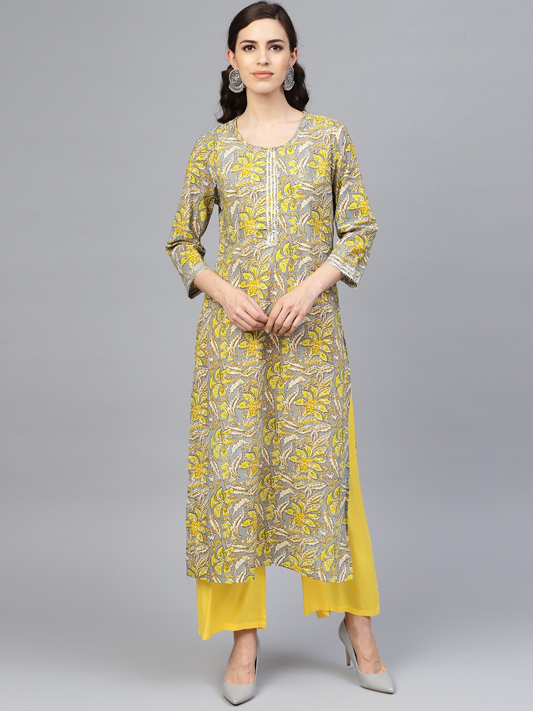 Geroo Jaipur Floral Printed Gotta Patti Pure Cotton Kurta, Yellow