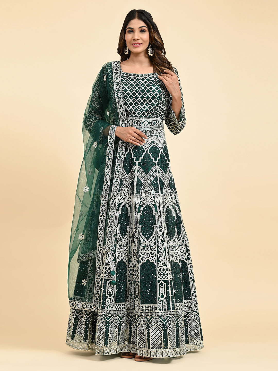 

JUST FASHION Ethnic Motifs Embroidered Net Maxi Ethnic Dress With Dupatta, Green