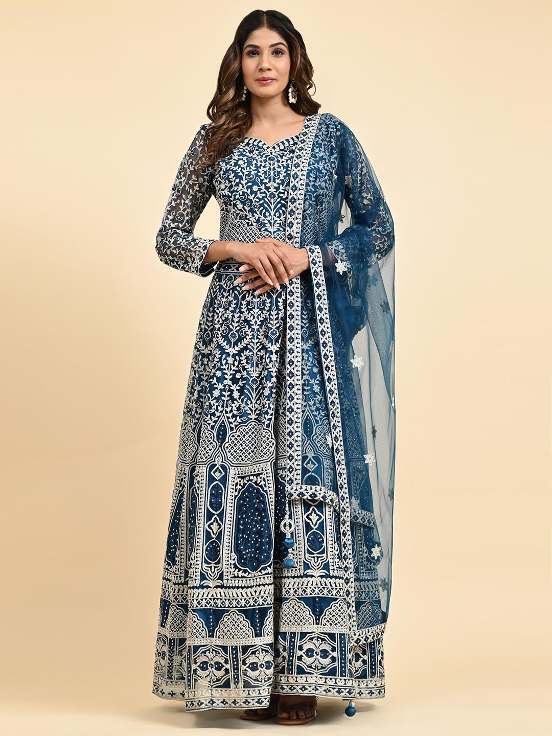 

JUST FASHION Ethnic Motifs Embroidered Sequined Anarkali Gown Maxi Ethnic Dress & Dupatta, Blue