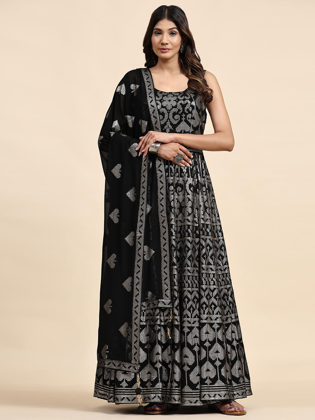 

JUST FASHION Ethnic Motifs Embroidered Sequined Georgette A Line Maxi Dress With Dupatta, Black