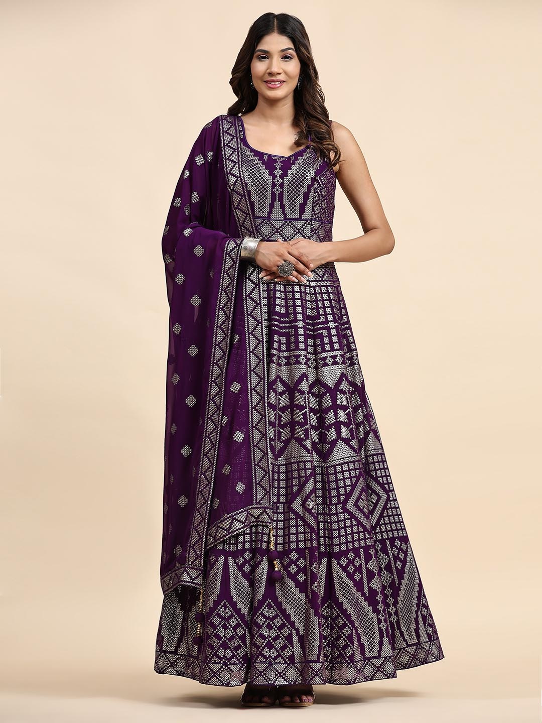 

JUST FASHION Embellished Sequinned Georgette Ethnic Gown Dress With Dupatta, Purple