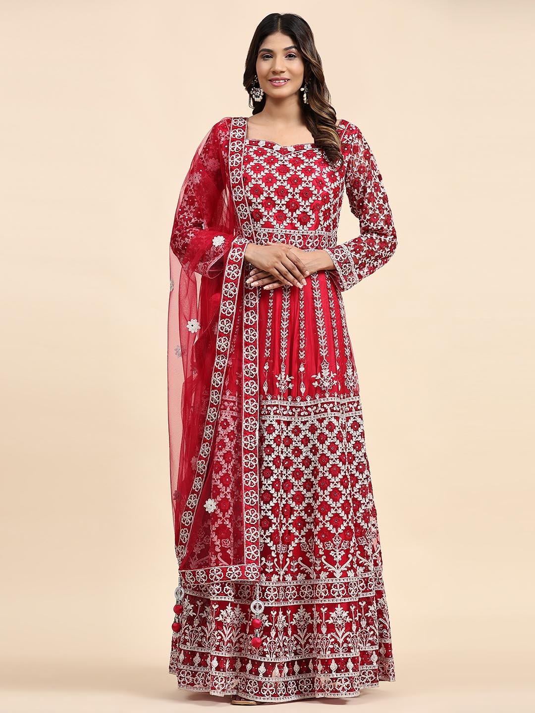 

JUST FASHION Ethnic Motifs Embroidered Ethnic Gown Dress With Net Dupatta, Red