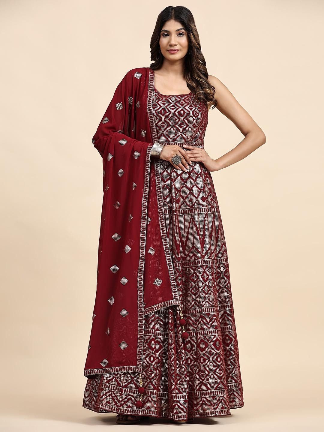 

JUST FASHION Ethnic Motifs Embroidered Sequined Georgette Gown Maxi Ethnic Dress & Dupatta, Maroon