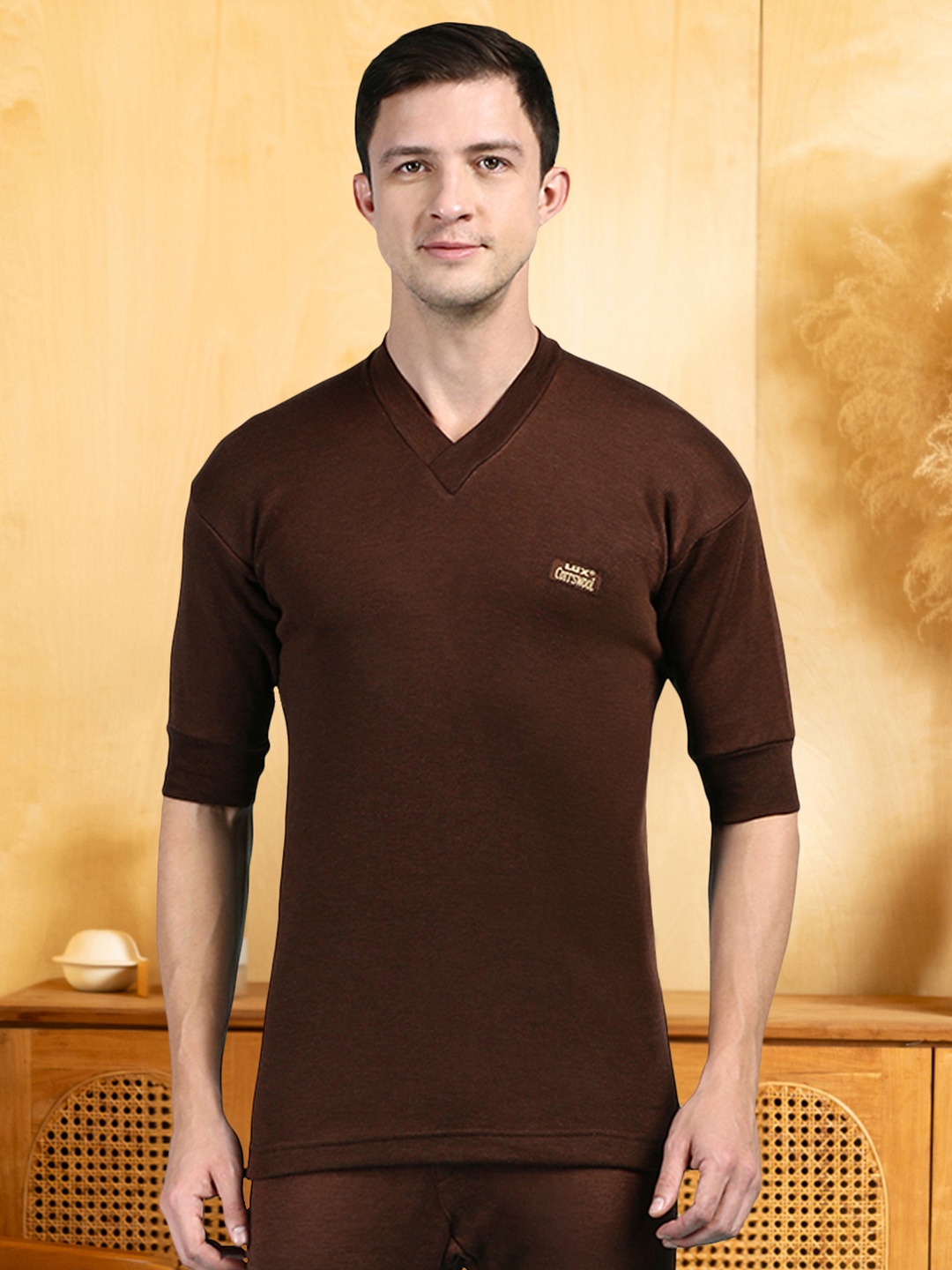 

Lux Cottswool Men V-Neck Short Sleeves Thermal Top, Brown