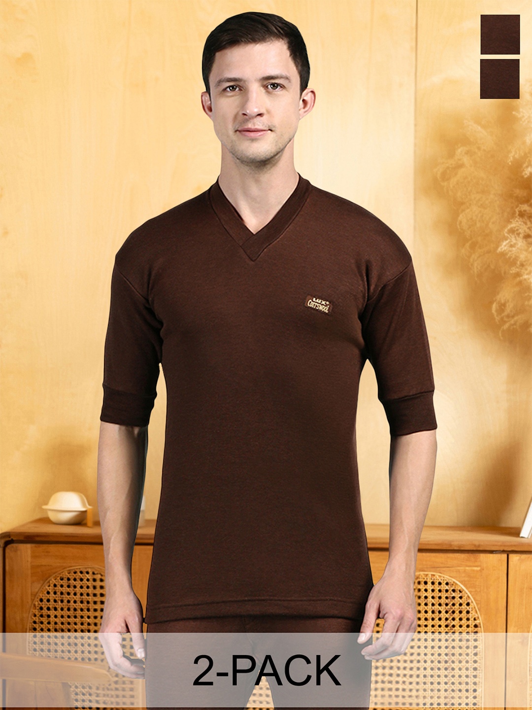 

Lux Cottswool Pack Of 2 V-Neck Cotton Wool Thermal Tops, Brown