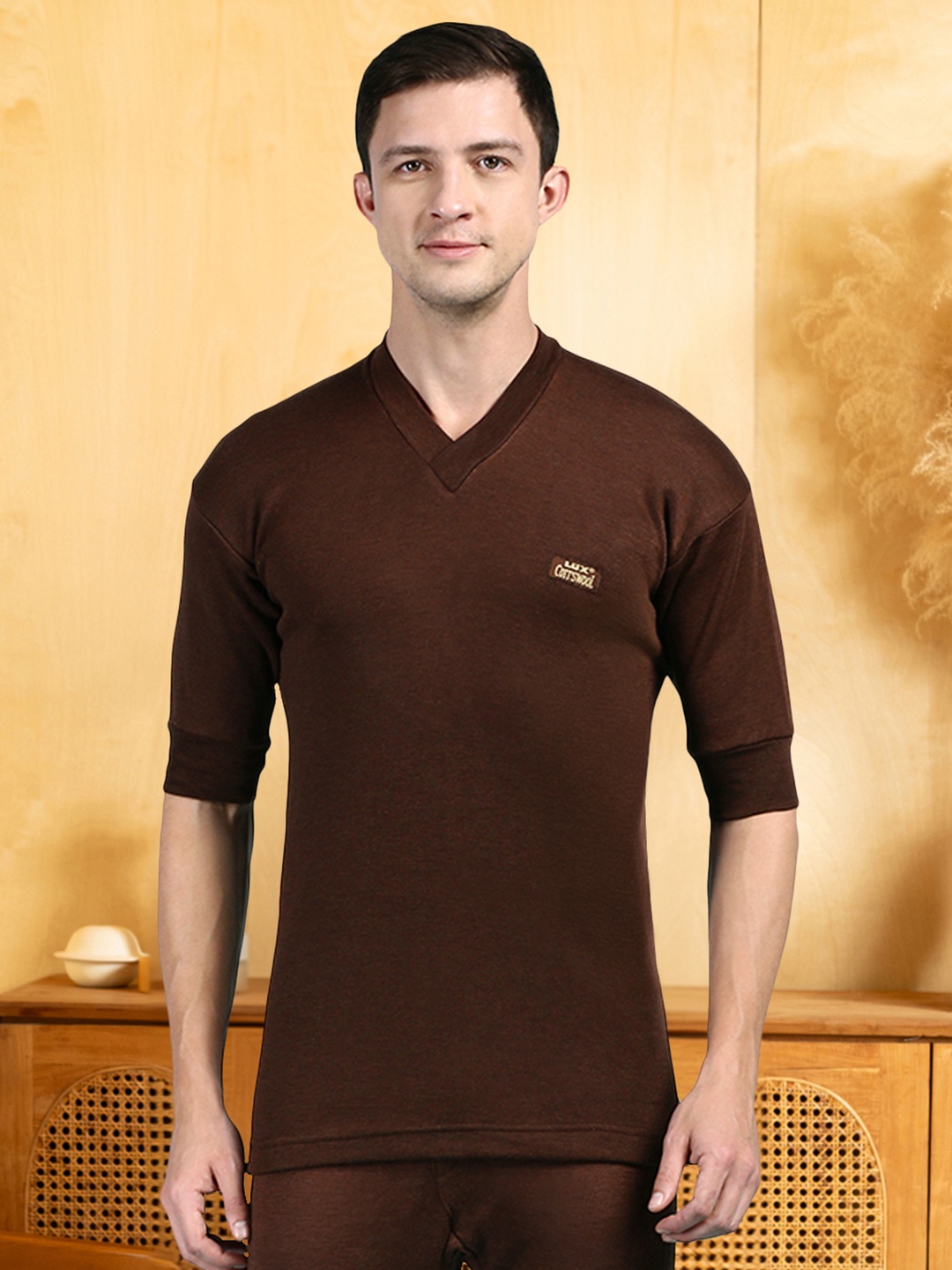

Lux Cottswool V-Neck Short Sleeves Thermal Top, Brown