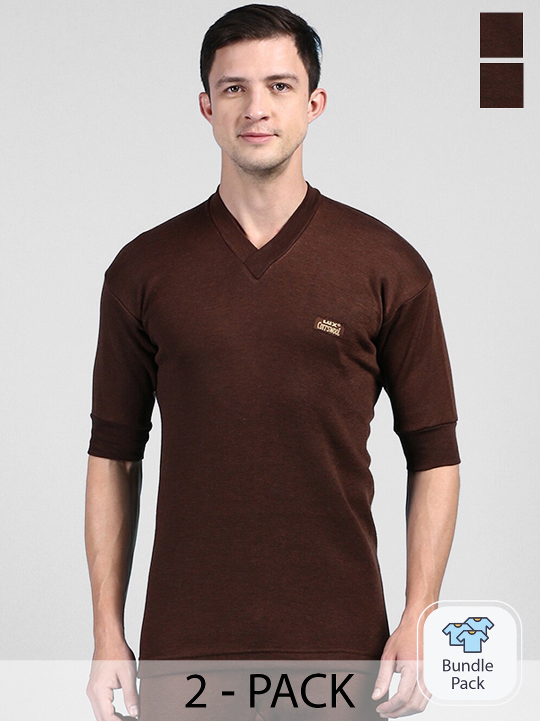 

Lux Cottswool Pack Of 2 V-Neck Short Sleeves Thermal Tops, Brown