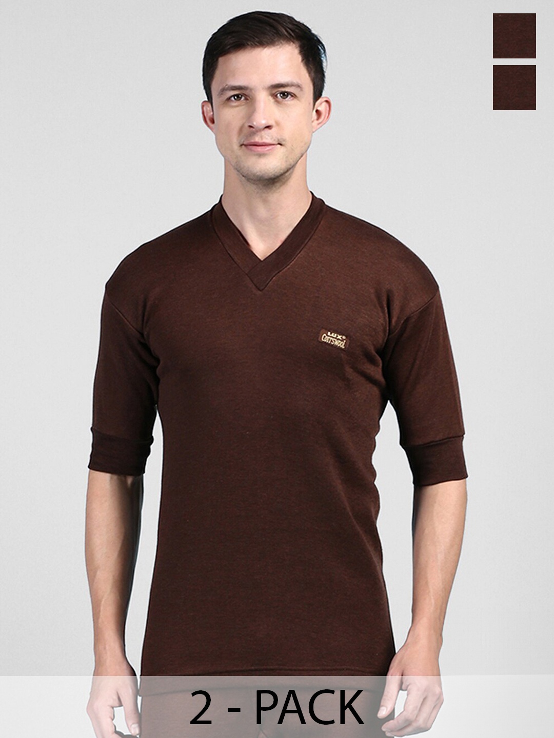

Lux Cottswool Pack Of 2 V-Neck Short Sleeves Thermal Tops, Brown