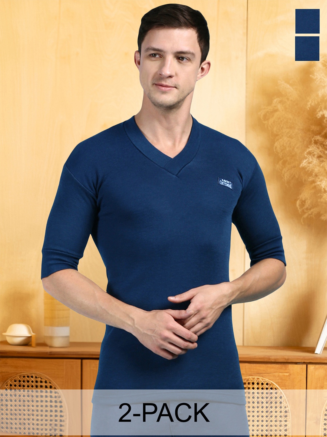 

Lux Cottswool Pack Of 2 V-Neck Cotton Woollen Thermal Tops, Blue