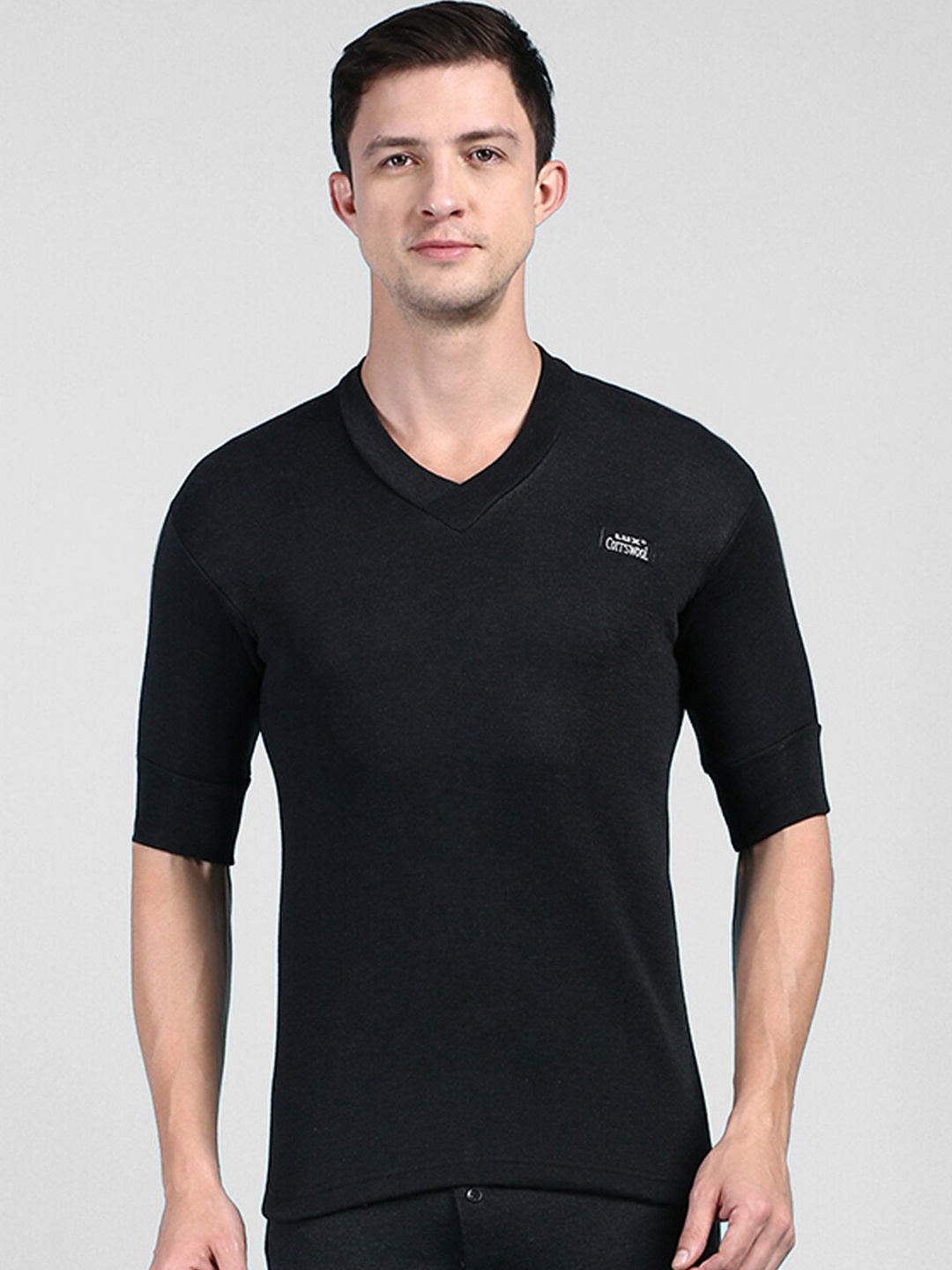 

Lux Cottswool V-Neck Short Sleeves Thermal Top, Black
