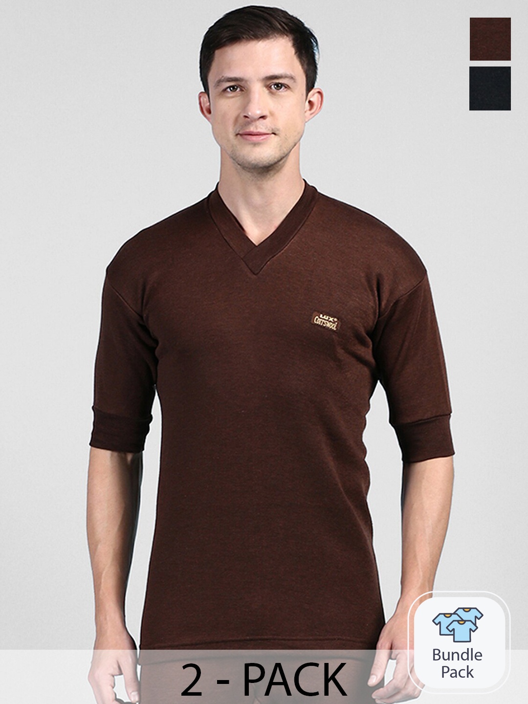 

Lux Cottswool Pack Of 2 V-Neck Thermal Top, Brown