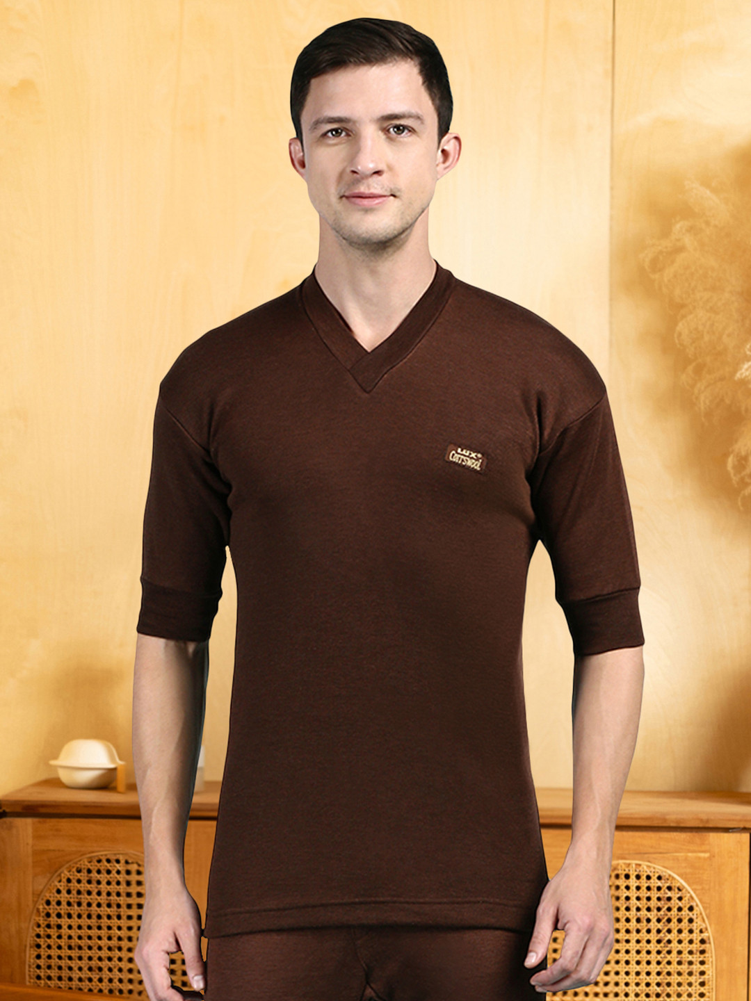 

Lux Cottswool V-Neck Short Sleeves Wool Cotton Thermal Top, Brown