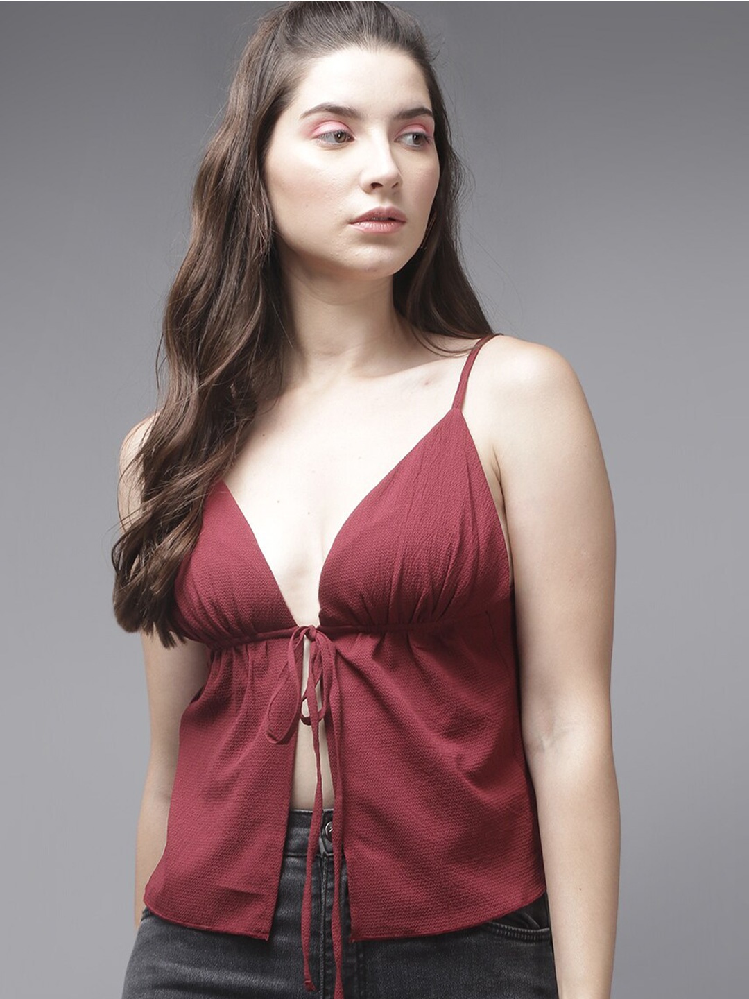 

Roadster Maroon Self-Design Tie-Up Empire Crop Top