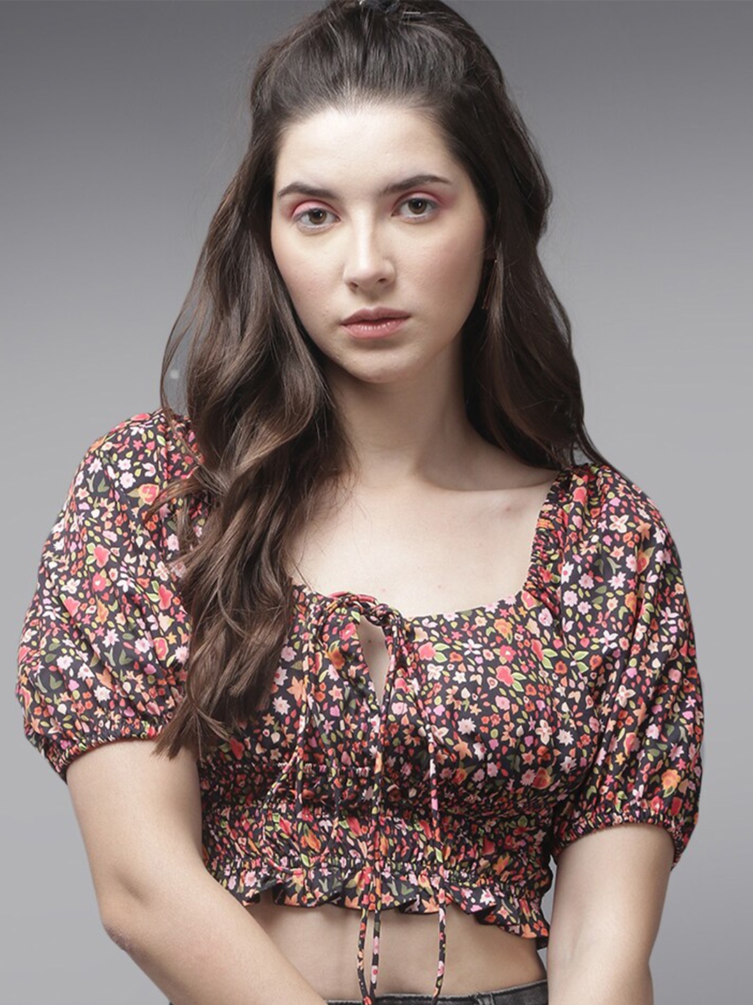 

Roadster Brown Floral Printed Blouson Crop Top