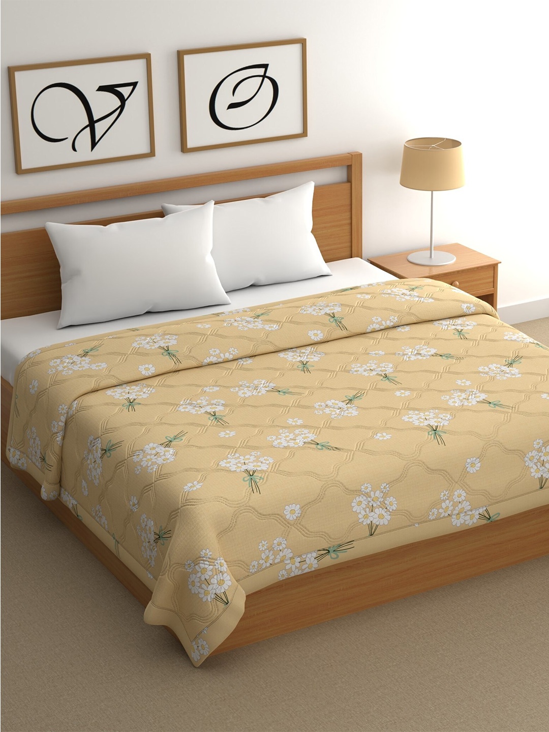 

CHHAVI INDIA Yellow & White Floral AC Room 350 GSM Cotton Double Bed Comforter